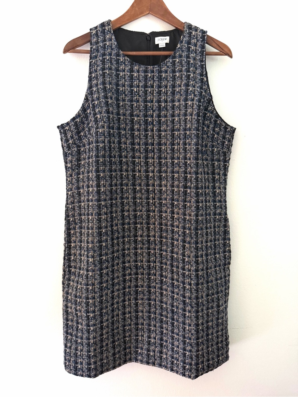 J Crew Tweed Shift Dress Sleeveless Blue Black White Back Zip Womens Size 14 NWT